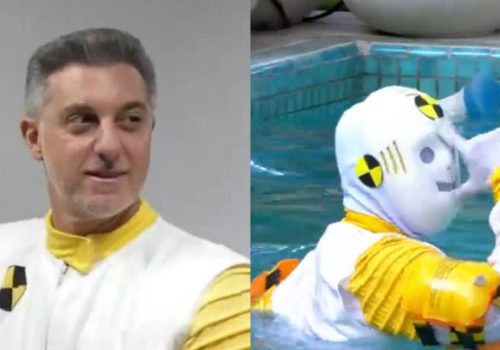 Luciano Huck visita BBB 26, se veste de dummy e pula na piscina