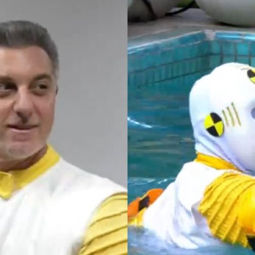 Luciano Huck visita BBB 26, se veste de dummy e pula na piscina