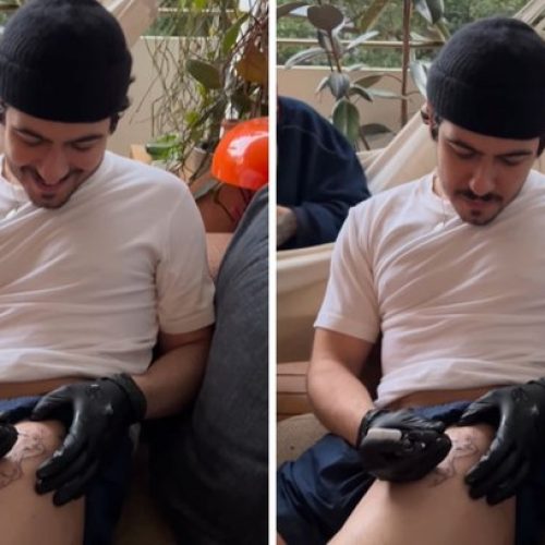 Filho de Alessandra Negrini faz tatuagem milenar na coxa